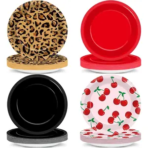 48Pcs 7Inch Leopard Print Disposable Paper Plates Red Black Cherry Theme Tableware for Birthday Wedding Coquette Party Decoration