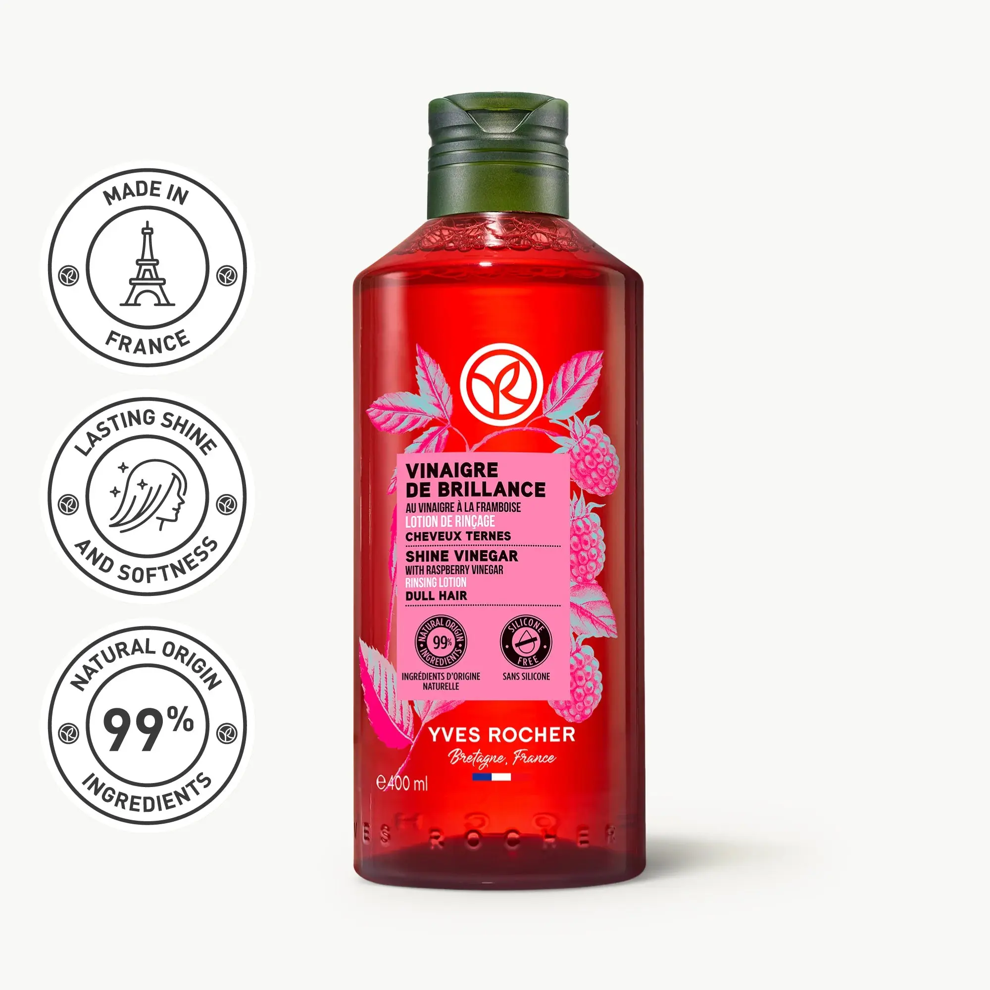 Yves Rocher Hair Shine Vinegar 400ml Hydrating Vinegar Finishing Rinse for Haircare and Cleansing