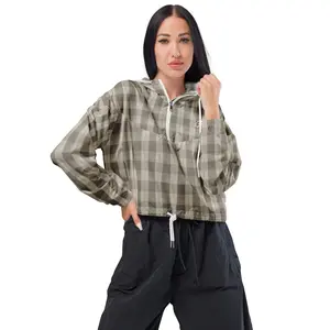 Cream Plaid Women’s Cropped Windbreaker