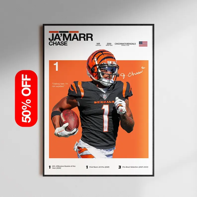 [Unframed Poster] Ja’Marr Chase Poster, Cincinnati Bengals Wall Art, NFL Football Print, Wide Receiver , Sports Decor Gift for Bengals Fans