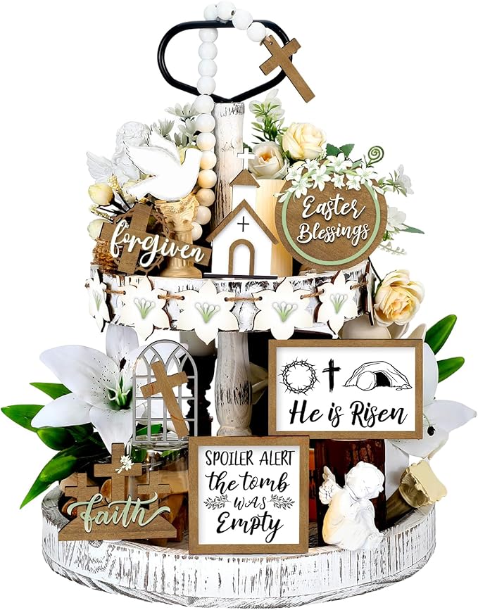Easter Tiered Tray Decor Wooden Signs Set (No Tray), Rustic Bunny Egg Carrot Jesus Cross Risen Ornaments Cute Durable Layered Tray Signs for Mantel Shelf Table Kitchen Display, Spring Home Easter Decor Christian Family Religious Party Gifts, Date Suppiles