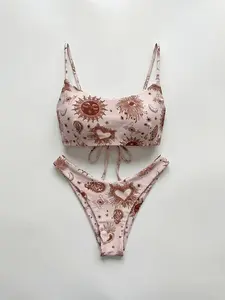 Women's Pink Base Mystic Totem Sweet-Girl Two-Piece Swimsuit - Soft Pink Base, Sun & Heart Totem Print & Square Neck Trendy Beach Vacation Swimwear Bikini Sets