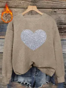 Women's Fall Winter Fitted Graphic Sweater Knitwear, Soft Warm Comfortable Round Neck Top, Heart Print Casual Fashion