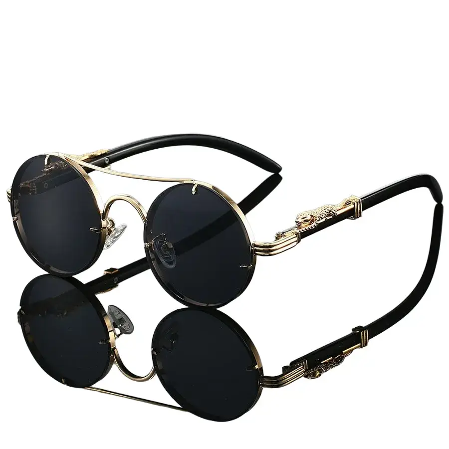 4-Pack Men's Retro Double Bridge Round Metal Sunglasses With Leopard Head Decor Vintage European And American Style Eyewear For Outdoor And Daily Wear