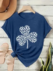 Women's St Patrick's Day Clover Print T-Shirt, Soft Stretch Round Neck Short Sleeve Top, Casual Summer Spring Tee, Womenswear