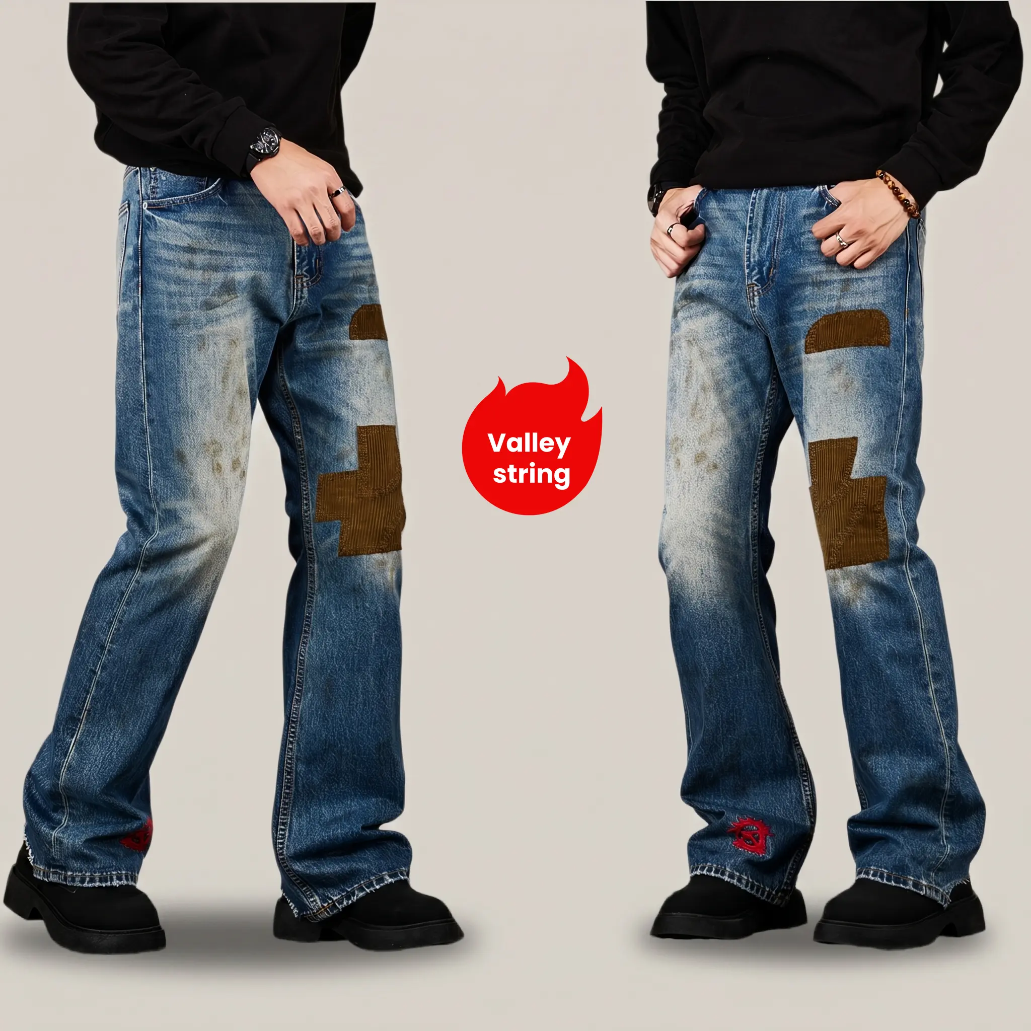Men’s vintage loose straight-leg jeans, all-season long pants, slim-fit jeans, solid color patchwork design, street-style outfit, easily create a street vibe look