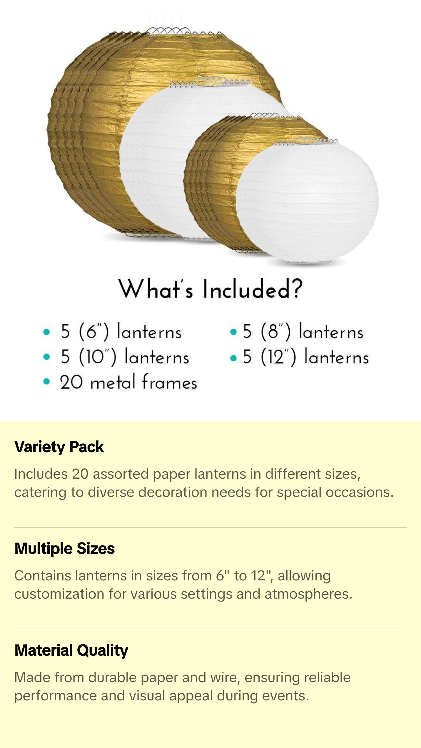 Ultimate 20-Piece Gold Variety Paper Lantern Party Pack - Assorted Sizes of 6", 8", 10", 12" (5 Round Lanterns Each) for Weddings, Parallelts and Decor