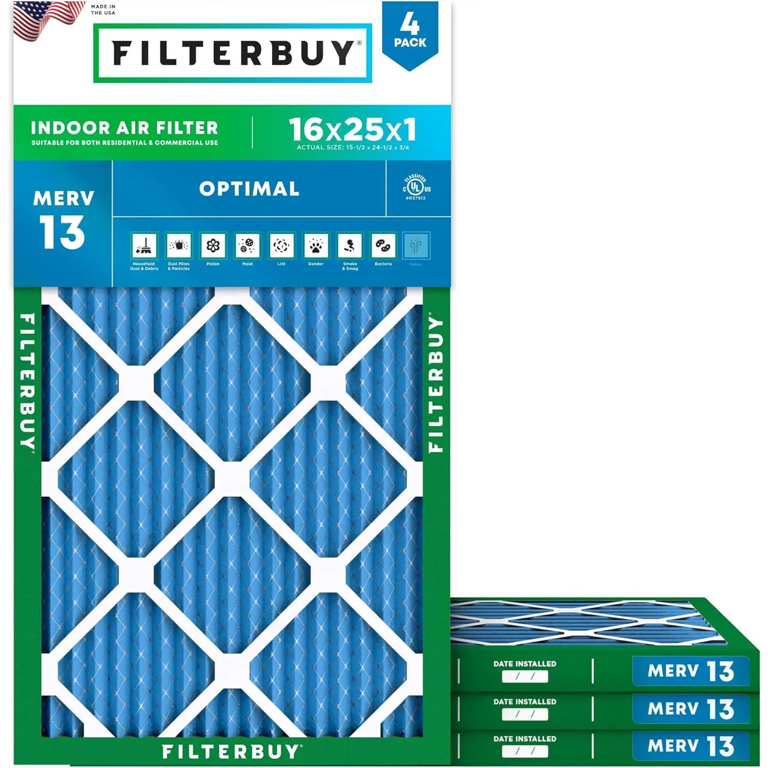 Filterbuy 16x25x1 In Air Filter (4-Pack) - Pleated MERV 13 Optimal Defense Eco-Friendly Electrostatic HVAC AC Furnace Filters, Synthetic Media, 15.5"x24.5" Actual Size, High Particle Capture