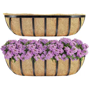 Y&M 2pcs 24 Inch Window Deck with Coco Liner, 24" Window Boxes Horse Trough with Coconut Coir Liner, Black Metal Hanging Flower Planter Window Basket Deck Railing Planter Boxes for Outdoor Indoor planter basket