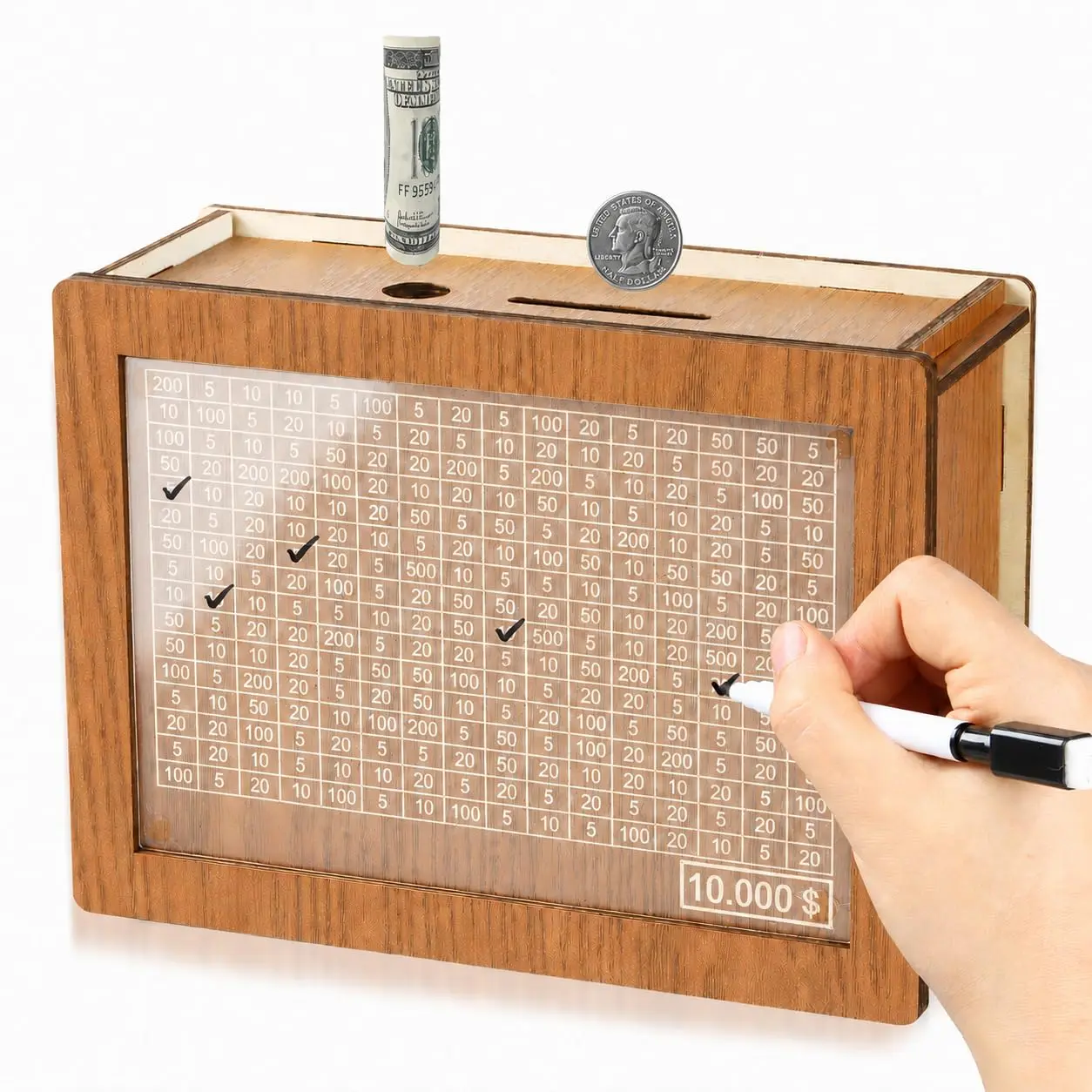 10000 Savings Challenge Box -  Erasable Wooden Money Box Money Saver, Removable Transparent Acrylic Panel Digital Counter Piggy Bank for Adults, Cash Vault with Money Tracking for Personal Goal Decor Best Gift for Kids Adult Friends