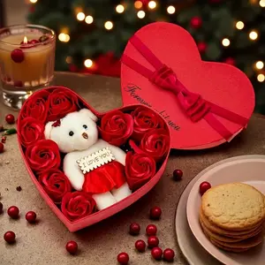 Heart-Shaped Romantic Soap Rose & Bear Gift Set – 10 Soap Roses with Plush Rose Teddy Bear in Decorative Box, Beautiful Gift Box Design, Ideal for Valentine’s Day, Weddings, Birthdays, Anniversaries & Mother’s Day