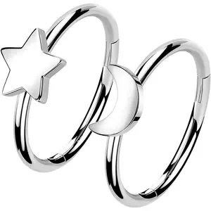 2Pcs Star Moon Nose Rings Hoop, 16g 18g 20g 316L Surgical Steel Cartilage Hoop Earrings for Women Men, Labret Lip Tragus Helix Daith Piercing Jewelry