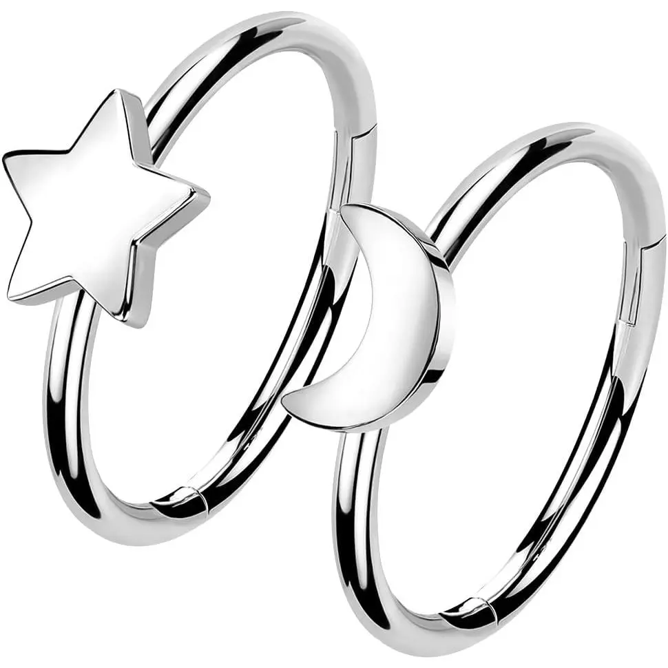 2Pcs Star Moon Nose Rings Hoop, 16g 18g 20g 316L Surgical Steel Cartilage Hoop Earrings for Women Men, Labret Lip Tragus Helix Daith Piercing Jewelry