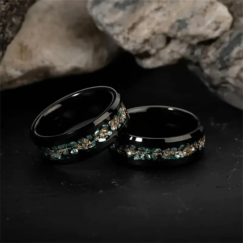 Men's Exquisite Black Band Ring with Artificial Gemstone Green Coral Pieces - Vintage, Casual Trendy Jewelry for Daily Wear, Christmas Gift, Stacking Ring Set, Vintage Rings, Artificial Gemstone Ring