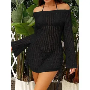 Women's Solid Off Shoulder Ruched Drawstring Cover Up Dress, Boho Hollow Out Flounce Sleeve Cover Up Dress for Beach Holiday Vacation, Ladies Spring & Fall Clothes, Summer Clothing