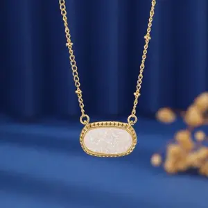 MedSurg Oval Gem Princess Necklace with Gold Plated Chain and White Opal Stone for Everyday Wear
