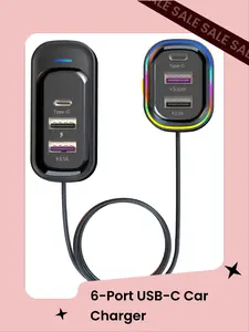 [6 in 1] USB C Car Charger, 6-Port  Super Fast Charging Cigarette Lighter USB Charger Multiport Car Phone Adapter Accessories Car Travel Essentials with 5FT Cable, Compatible with iPhone 15/16/17, PadMother‘s Day