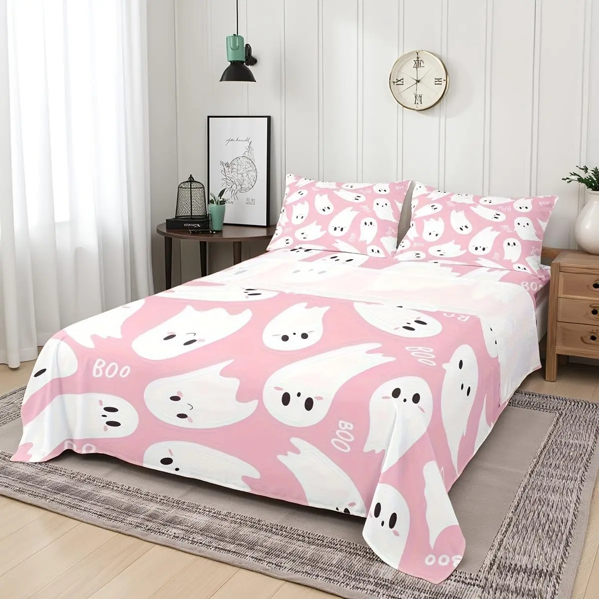Happy Halloween Bed Sheet Set,Cartoon Ghost Pink White Fitted Sheet Bedroom Decor,Watercolor Print Ultra Soft Deep Pockets Bed Sheet Set