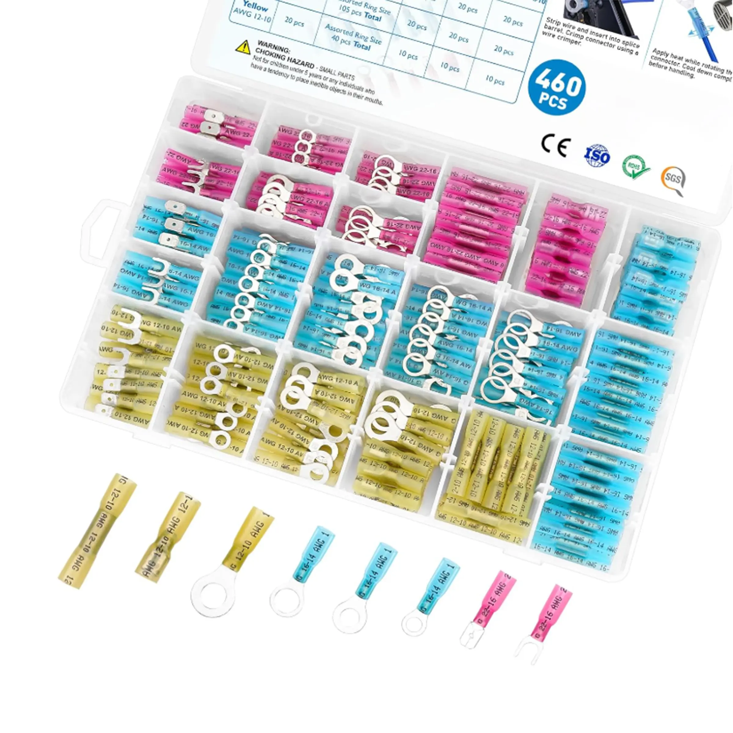 460Pcs Heat Shrink Wire Connectors, Waterproof Automotive Marine Electrical Terminals Kit, Crimp Connector Assortment, Ring Fork Spade Butt Splices, Terminal Plug Kit