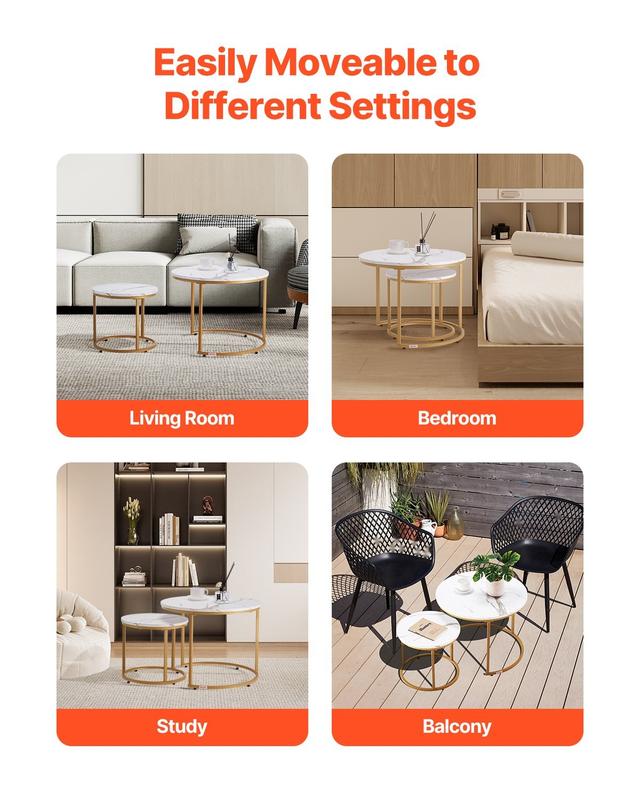 Nesting Coffee Table Set of 2, 23.6-Inch Round Coffee Tables for Small Spaces, Space-Saving Nesting Tables with Metal Frame, Vintage End Tables and Nightstand, Side Tables for Living Room, Bedroom and Office, White and Gold Finish