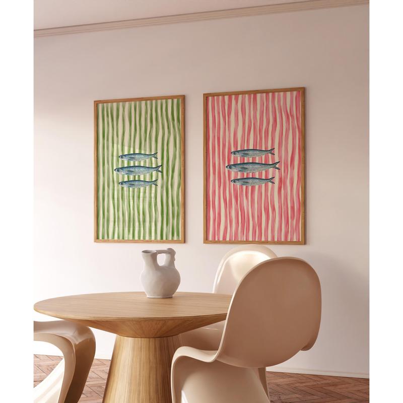 UNFRAMED Sardines Fish Painted Print Green Stripe Trendy Aesthetic Kitchen Wall Art Retro Modern Food Home Decor Framed Print