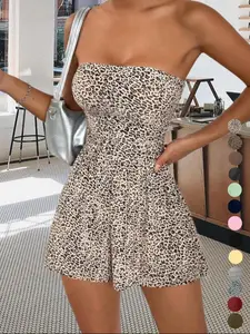 LW HOME  Women's Sleeveless Jumpsuit, Leopard Pattern Print Solid Color, Casual Fitted Summer Wear, Perfect for Home Use