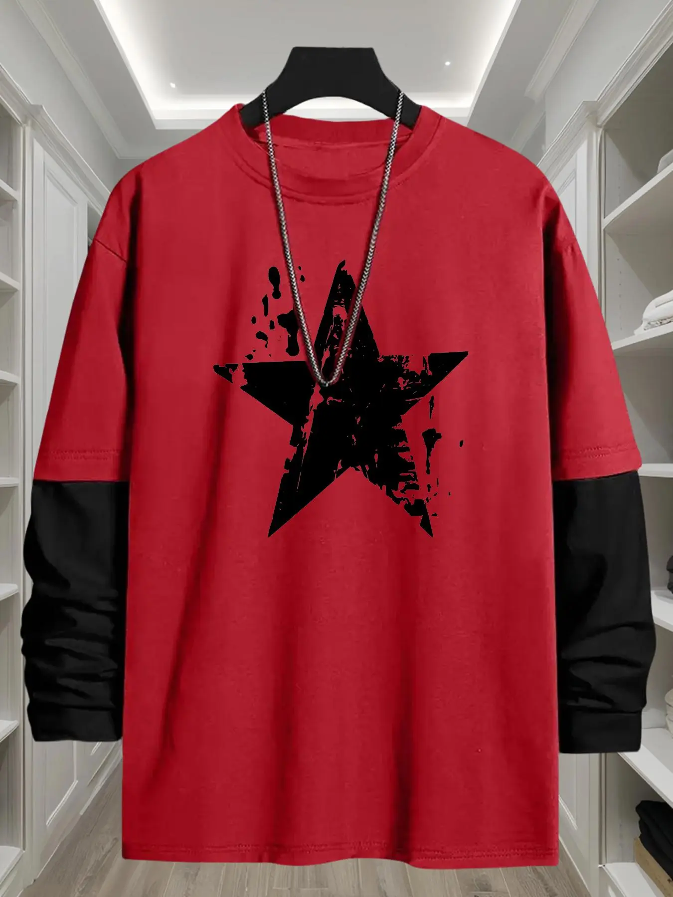 Men's Star Print Long Sleeve Tee, Casual Comfy Loose Round Neck T-shirt for Daily Wear, Men's Top for All Seasons, Casual Summer Clothing