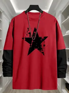 Men's Star Print Long Sleeve Tee, Casual Comfy Loose Round Neck T-shirt for Daily Wear, Men's Top for All Seasons, Casual Summer Clothing