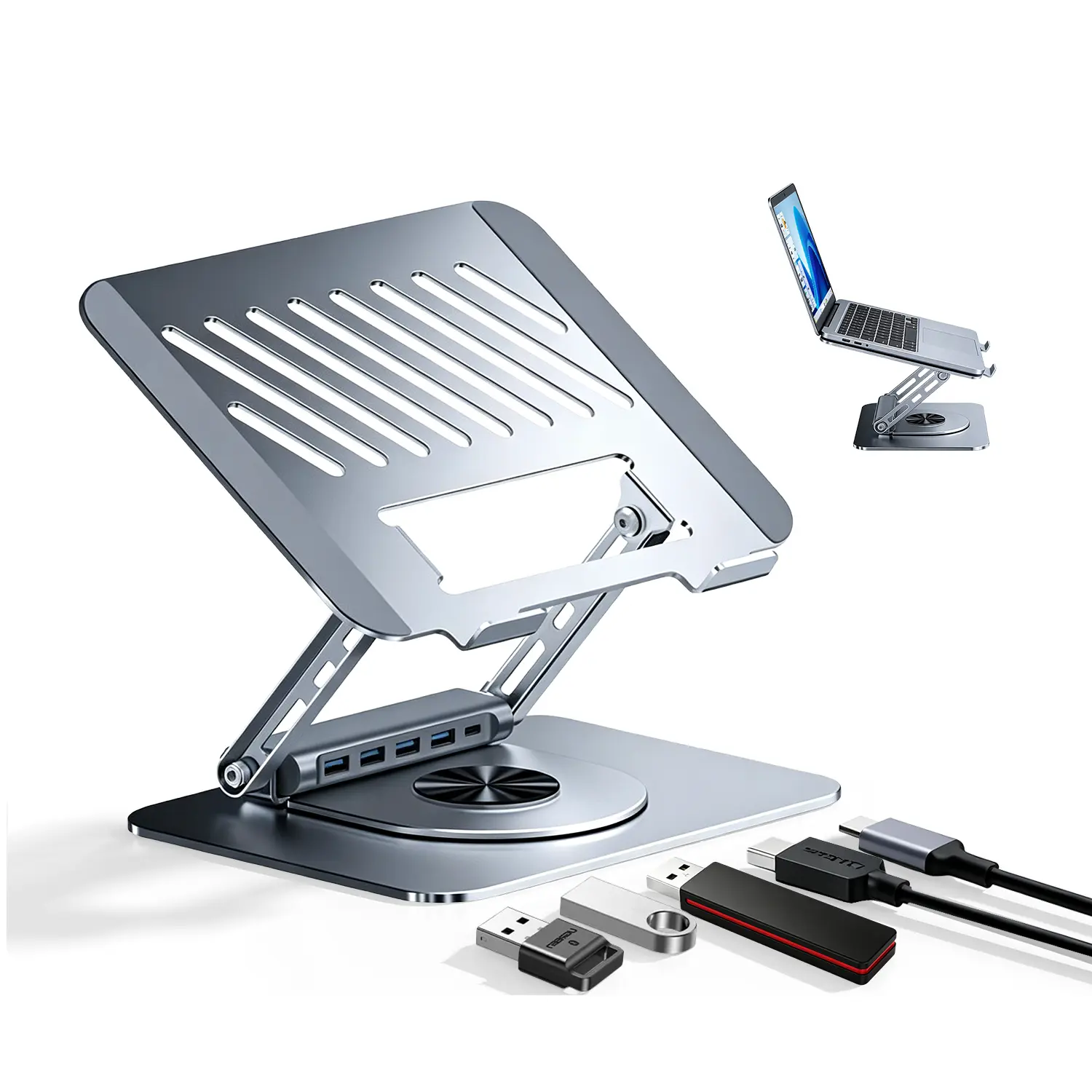 Fulkun 2-in-1 Ergonomic Computer Stand with USB Hub - Adjustable Aluminum Riser, USB-C, 4×USB-A 3.0 Ports, Fits 10–17” Laptops & Desk Setup, 2 in 1 Laptop Stand