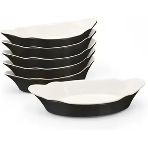 Au Gratin Baking Dishes, by , Mini Casserole Dish, Set of 6, for Banana Split, Oven and Microwave Safe, Dishwasher Safe, Ceramic Serving Dishes, Lasagna & Cobblers, Individual Serving, 12 oz (Black)