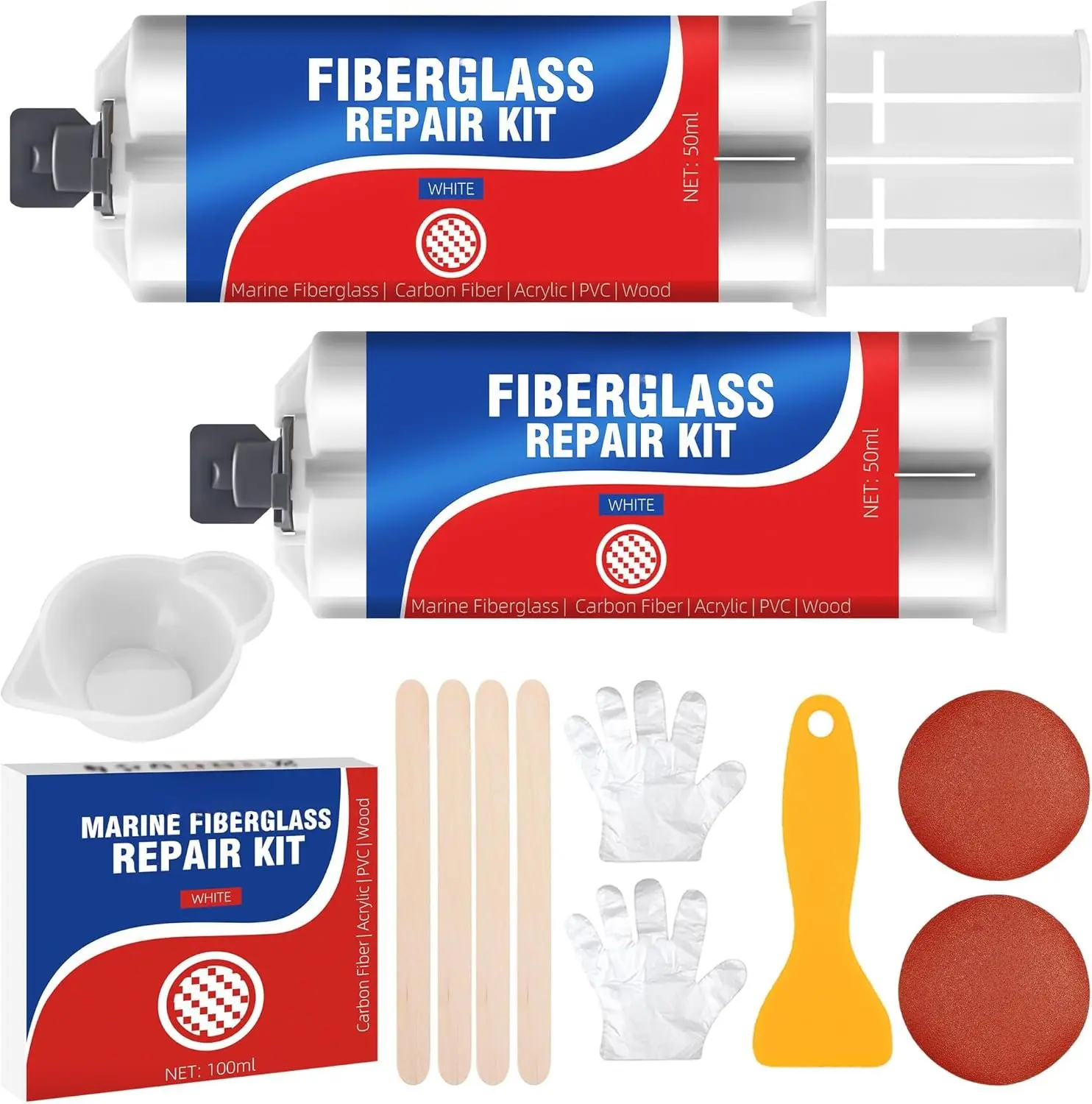 Marine Fiberglass Boat Repair Kit, 100ml Gel Coat Repair Kit for , Fiberglass Repair Kit for , Epoxy  Glue Filler Fix Scratch, Crack, Hole, Pit, Suitable for Porcelain (White)