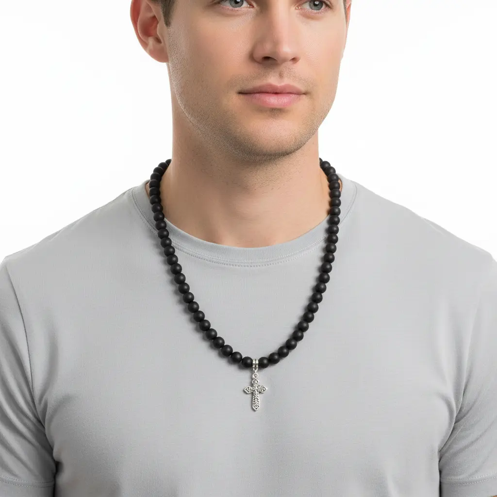 Matte Black Onyx Mens Beaded Necklace with Silver Cross Charm