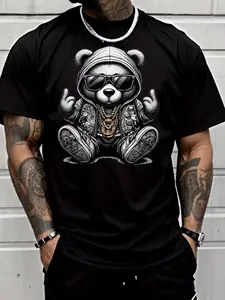 Hip-Hop Style Cool Bear Graphic T-Shirt, Fashion Eyewear Print, Long Sleeve Casual Streetwear, Trendy Daily Wear for Men