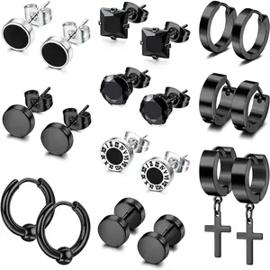 Jstyle 10/12 Pairs Black Earrings for Men Women Stainless Steel Stud Earrings Zircon Barbell Studs Ear Hoops Cross Dangle Earrings Set for Men Daily