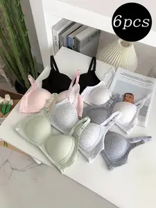 6-color combination student bra, comfortable and breathable daily bra, girls' underwear, breathable design, non removable pad, push up bra, black, white, pink, gray, green, suitable for teenagers and girls, sports bra