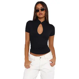 Women Mandarin Collar Crop Tops Cut Out Front Mock Neck T-shirtsFitted Cap Sleeve Blouse Shirts Casual Summer Tee Tops Going Out Tops Party Clubwear Beachwear