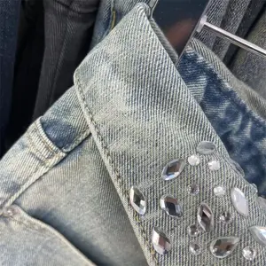 American Retro Lapel Design Versatile Rhinestone Embroidered Light Blue Denim Skirt for Petite Girls