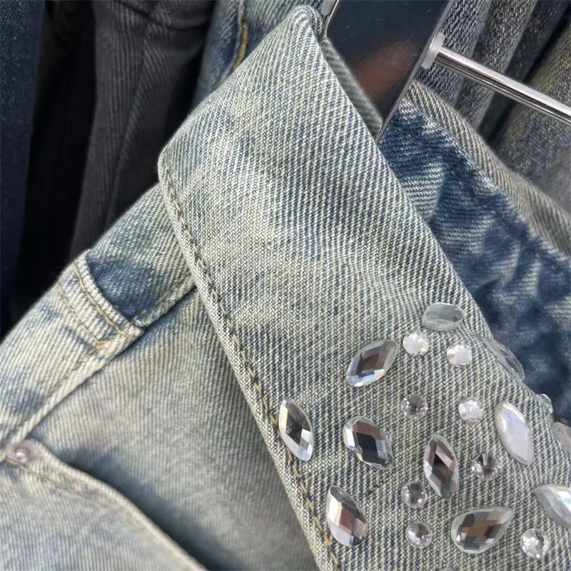 American Retro Lapel Design Versatile Rhinestone Embroidered Light Blue Denim Skirt for Petite Girls