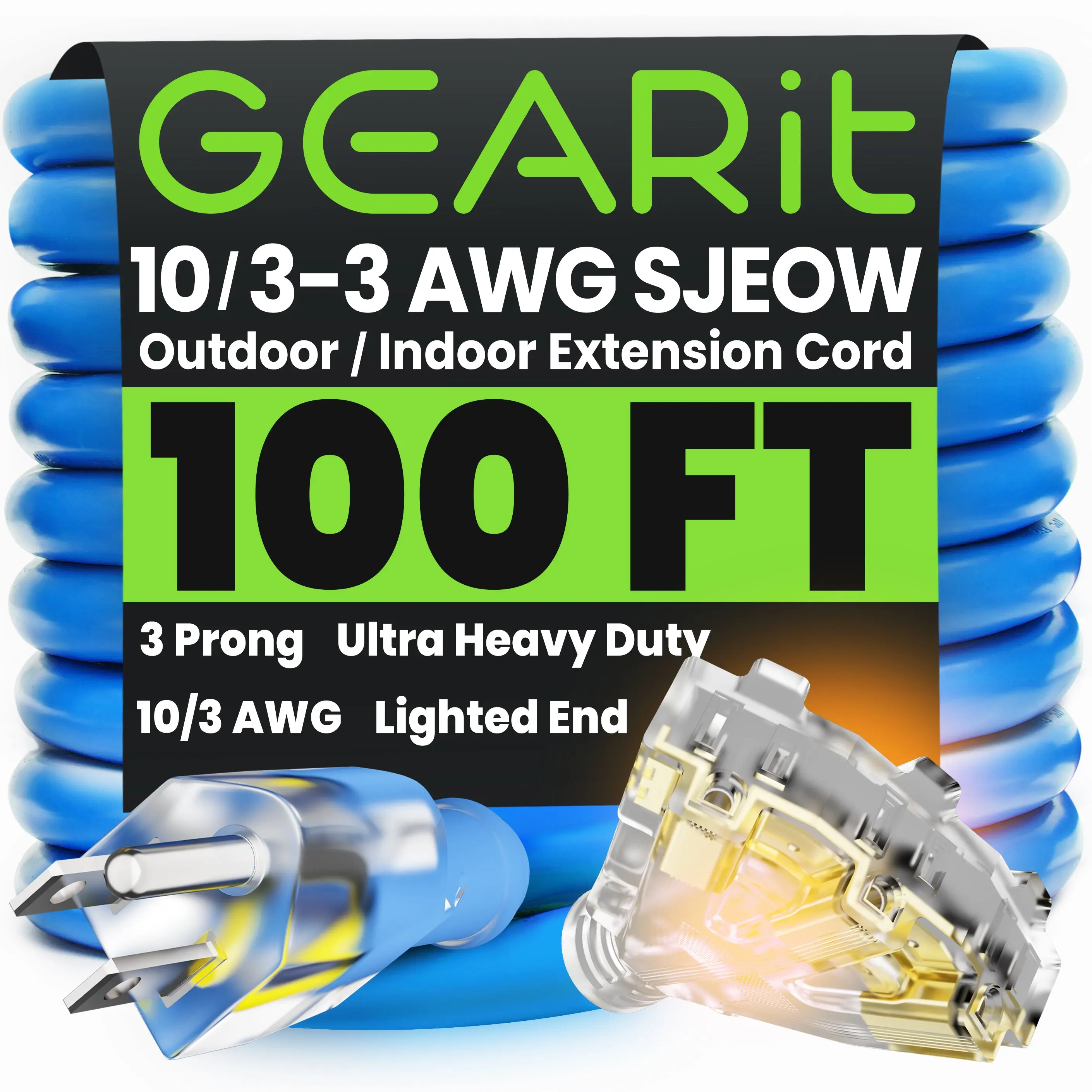 GEARit 3-Outlet Heavy-Duty Power Outdoor Extension Cord, 100 ft Blue - 10/3 SJEOW  Weather Resistant Cable for Indoor and Outdoor Use extension cord
