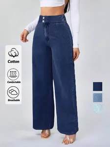 High Waist Women's Denim Jeans, Casual Loose Wide Leg Long Pants, Blue Straight Tube Jeans for Tall Women, Comfortable, Chic and Stylish
