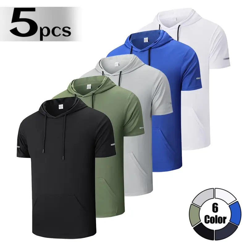 LIFE KEEPS MOVING Men’s Hooded Sports T-Shirt, Pack of 5 — Casual, breathable athletic top; suitable for fitness training, running, and fishing; hooded sweatshirt for summer vibes