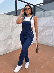 Women's Casual Denim Jumpsuit Overalls, Adjustable Strap Straight Leg Romper, Perfect for Daily Wear and Y2K Style, All Seasons Fitted Sleeveless Pants