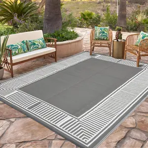 Modern Striped Border Outdoor Rug Patio Rug Double-sided Reversible Plastic Straw Rug UV Resistant Foldable for Patios Picnics Beaches Gardens and Pools