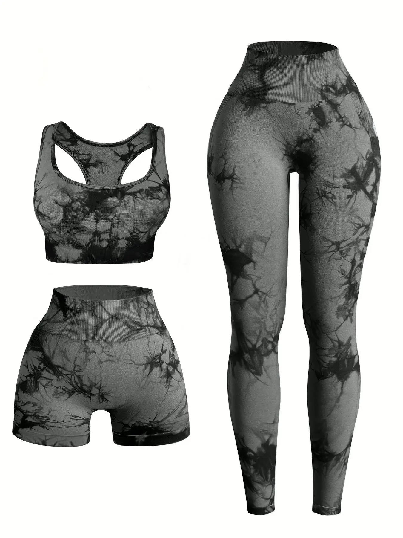 Three-piece Set Women's Tie Dye Print Tracksuit Set, Sporty Scoop Neck Crop Tank Top & High Waist Leggings & Skinny Shorts, Ladies Sportswear Athleisure Wear Set for Indoor Outdoor Wear High Stretch Activewear Fitness Clothing