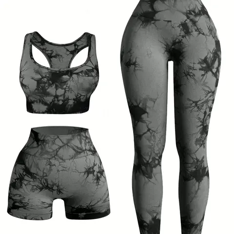Three-piece Set, Athletic Clothing Set, Women's Tie Dye Print, Scoop Neck Crop Tank Top & High Waist Leggings & Skinny Shorts, Ladies Sportswear Athleisure Wear Set, Athleisure Outfits for Indoor Outdoor Wear High Stretch Activewear Fitness Clothing