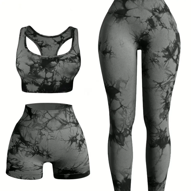 Three-piece Set, Athletic Clothing Set, Women's Tie Dye Print, Scoop Neck Crop Tank Top & High Waist Leggings & Skinny Shorts, Ladies Sportswear Athleisure Wear Set, Athleisure Outfits for Indoor Outdoor Wear High Stretch Activewear Fitness Clothing