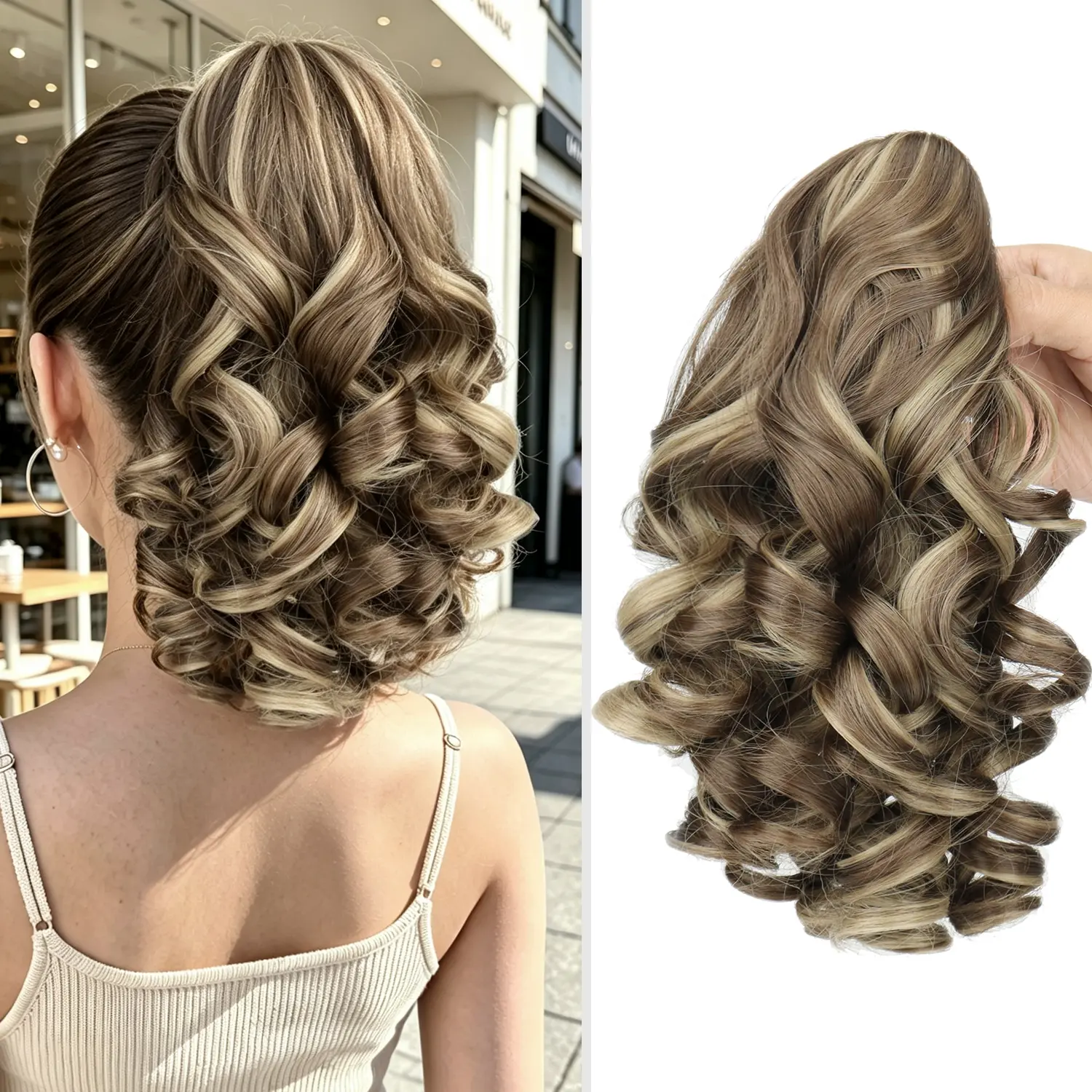 16 Inch Synthetic Claw Clip Ponytail Extension, Fluffy Curly Wavy Highlight Brown Clip‑in Hairpiece for Women Daily Party