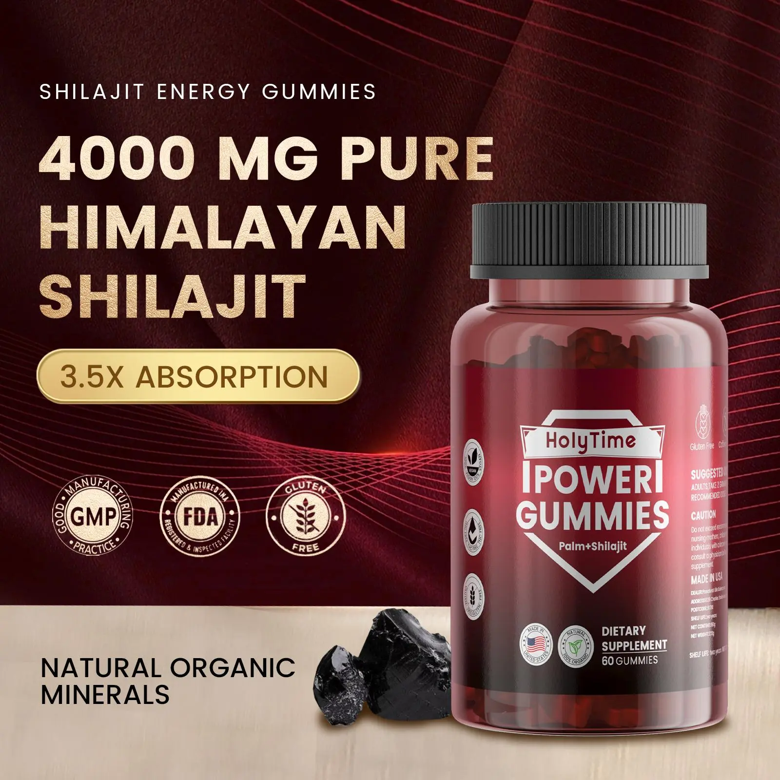 HOLYTIME Himalayan Shilajit Energy Gummies | 3.5X Absorption I NoAdded Sugar | Lab Tested | Supports immune Health | 60Veggie Capsules | Daily Energy Supplement for Vegans &Vegetarians