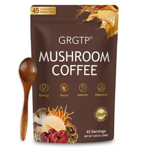 GRGTP Adaptogenic Mushroom Coffee Superfood Blend - 6 Adaptogens (Cordyceps, Ganoderma, Turkey Tail, Shiitake) - Supports Focus, Digestion - 45 Servings, 24 Months Shelf Life, Vegan, Gluten-Free, Non-GMO, Smooth Texture, For Adults