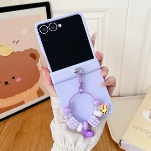 Dopamine Six-Color Heart Rabbit Plaid Strap Folding Phone Case, Portable Smartphone Cover Compatible with Samsung Zflip3/4/5/6/7, Cute Mobile Cover Protector